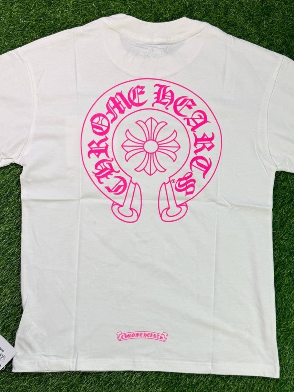 Chrome Hearts White Short Sleeve Tee with Hot Pink Back Graphic